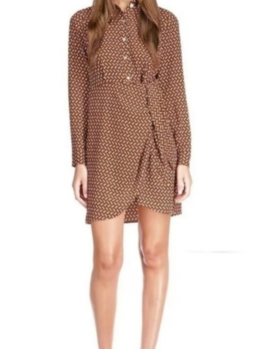 Michael Kors Brown Printed Long Sleeve Wrap Dress